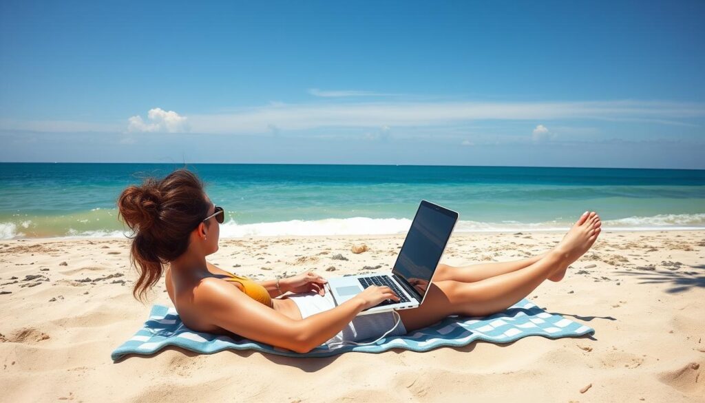 imagem de uma pessoa relaxando em uma praia com um notebook aberto Imagem de uma pessoa relaxando em uma praia com um notebook aberto