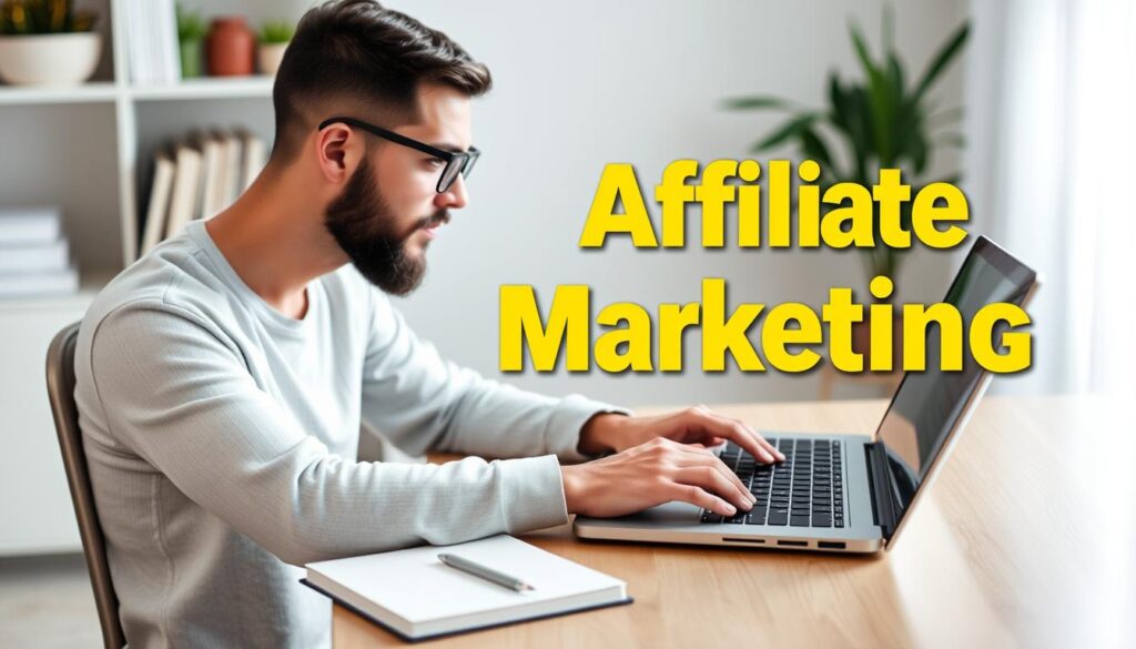 Imagem de uma pessoa trabalhando em casa com um laptop e um caderno ao lado, simbolizando o marketing de afiliados.