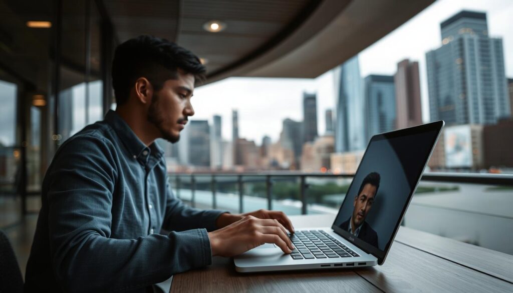 Imagem de uma pessoa trabalhando em um laptop com um fundo de cidade