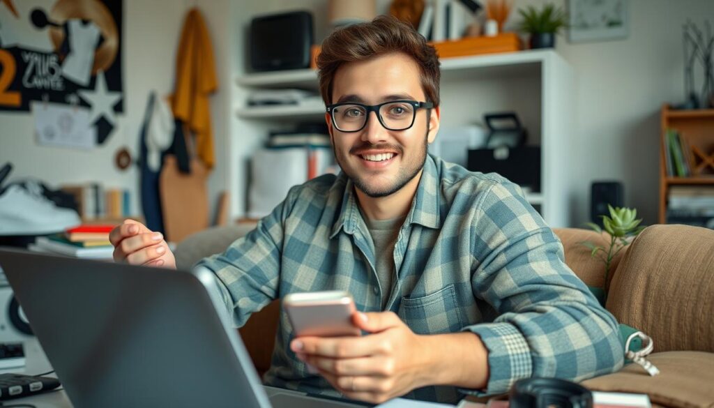 Imagem de uma pessoa vendendo produtos usados online