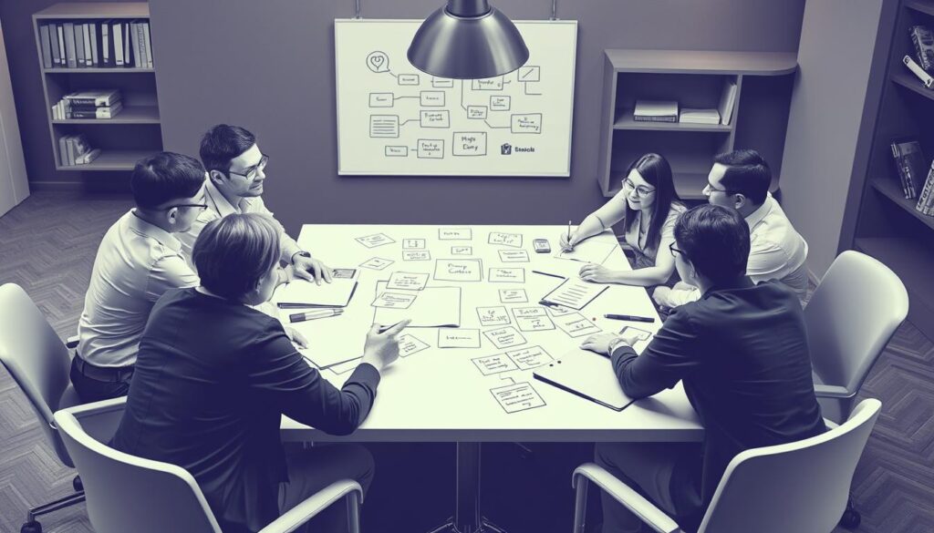 Imagem de uma reunião de brainstorming com educadores e investidores