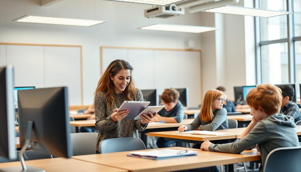 Imagem de uma sala de aula moderna com professores utilizando tablets e computadores