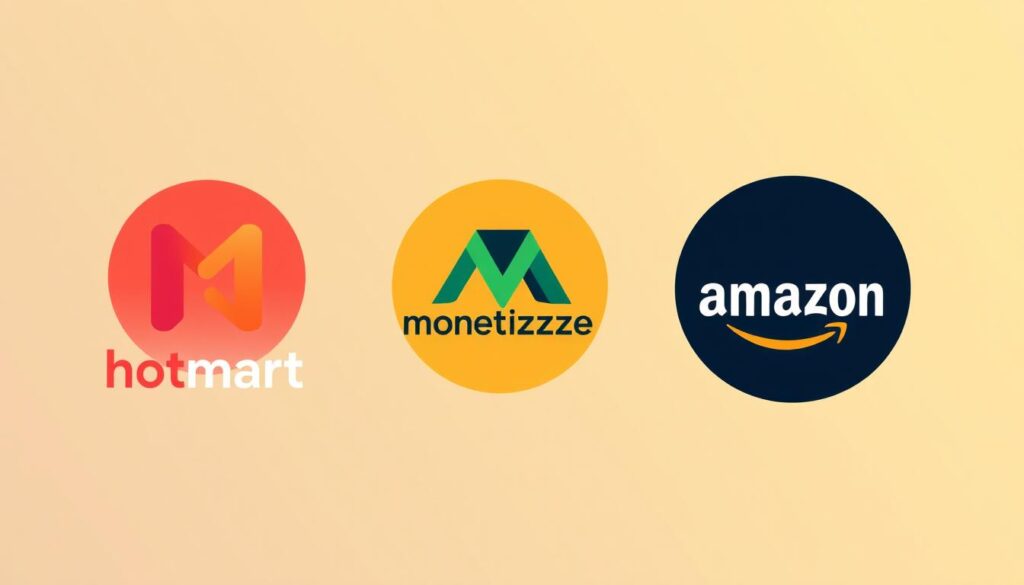 Logotipos da Hotmart, Monetizze e Amazon Associados.