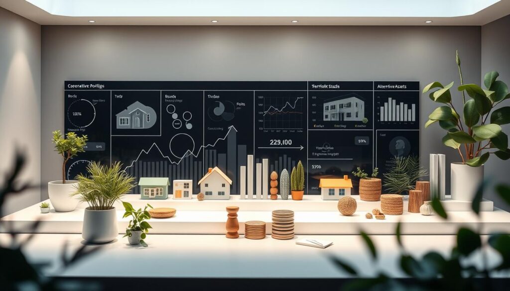 a well-diversified investment portfolio, featuring a balanced array of financial instruments such as stocks, bonds, real estate, and alternative assets, displayed in a sleek and modern design, with a serene and contemplative atmosphere; the composition showcases the portfolio elements in a clean, minimalist layout, with subtle hints of greenery and natural elements to convey a sense of sustainability and long-term growth; the lighting is soft and diffused, creating a calming and reassuring ambiance, while the camera angle is slightly elevated to provide a comprehensive overview of the diversified assets, emphasizing the holistic approach to building a secure financial future.