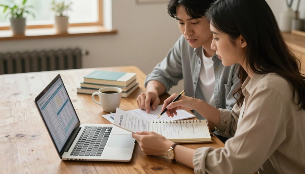 a couple sitting at a wooden dining table, engaged in a focused discussion about their finances. the foreground captures the couple: a man and a woman in smart casual attire, analyzing a budget spreadsheet on a laptop, with a notepad filled with notes and financial goals between them. in the middle ground, there's a warm cup of coffee and a few personal finance books stacked beside them, suggesting a productive morning. The background shows a cozy home setting with soft natural light filtering through a window, creating a calm, collaborative atmosphere. The scene conveys teamwork and financial harmony, emphasizing the importance of aligned goals in couple's finances. A couple sitting at a wooden dining table, engaged in a focused discussion about their finances. The foreground captures the couple: a man and a woman in smart casual attire, analyzing a budget spreadsheet on a laptop, with a notepad filled with notes and financial goals between them. In the middle ground, there's a warm cup of coffee and a few personal finance books stacked beside them, suggesting a productive morning. The background shows a cozy home setting with soft natural light filtering through a window, creating a calm, collaborative atmosphere. The scene conveys teamwork and financial harmony, emphasizing the importance of aligned goals in couple's finances.