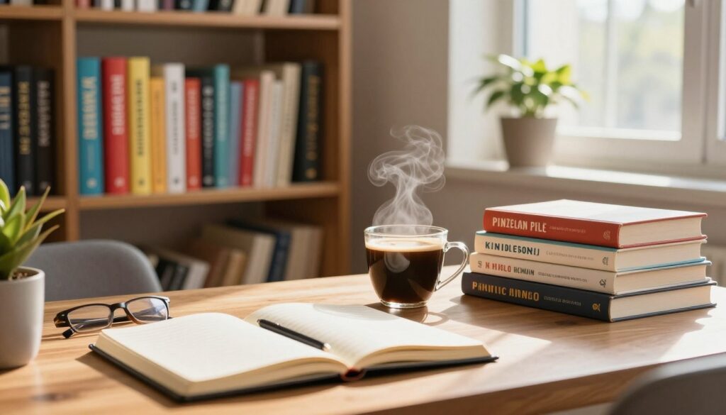 a cozy home office filled with books on personal finance and habits. in the foreground, a wooden desk with an open notebook, a steaming cup of coffee, and a few popular finance books stacked neatly. in the middle ground, a vibrant bookshelf filled with colorful book covers, showcasing titles related to financial habits and personal growth. the background features a soft-lit window with sunlight streaming in, casting warm rays across the room. a potted plant adds a touch of greenery. the atmosphere is inviting and focused, encouraging productivity and reflection. use a warm color palette with a shallow depth of field, capturing the essence of a serene work environment for financial improvement. A cozy home office filled with books on personal finance and habits. In the foreground, a wooden desk with an open notebook, a steaming cup of coffee, and a few popular finance books stacked neatly. In the middle ground, a vibrant bookshelf filled with colorful book covers, showcasing titles related to financial habits and personal growth. The background features a soft-lit window with sunlight streaming in, casting warm rays across the room. A potted plant adds a touch of greenery. The atmosphere is inviting and focused, encouraging productivity and reflection. Use a warm color palette with a shallow depth of field, capturing the essence of a serene work environment for financial improvement.