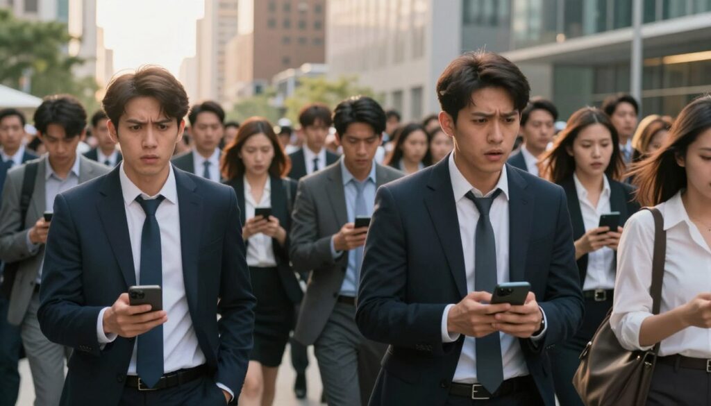 A crowded urban scene depicting a diverse group of people in professional attire, anxiously following a rushing crowd while looking at their smartphones, symbolizing the herd mentality. In the foreground, a man in a suit appears conflicted, torn between following the crowd and breaking away. In the middle ground, the hasty movement of the crowd is palpable, with some individuals glancing at the leading figure, showing concern and anxiety. The background features a modern cityscape, emphasizing the busy, high-stakes environment. Soft golden hour lighting casts a warm glow, enhancing the tension and urgency of the moment. The overall mood is one of uncertainty and pressure, illustrating the influence of emotions and group behavior on personal decision-making.