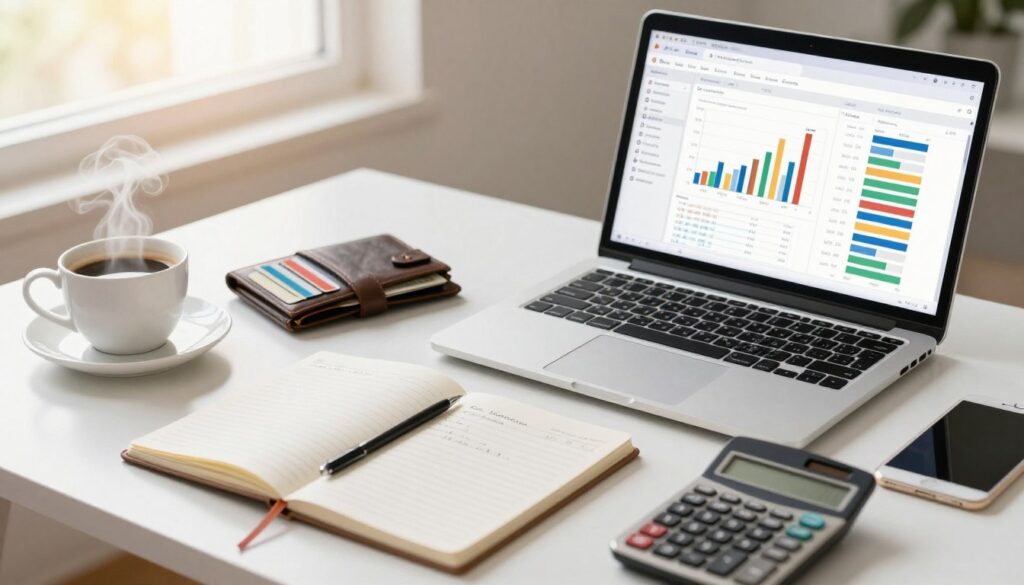 A modern, clean desk workspace featuring a laptop opened to a budgeting spreadsheet with colorful graphs and charts. In the foreground, a notepad with neatly written financial notes and a calculator rests beside a steaming cup of coffee. The middle ground has a well-organized wallet with visible cash and cards, symbolizing daily spending control. The background shows a softly blurred window with natural light streaming in, illuminating the space with a warm, inviting glow. The overall atmosphere is focused and productive, encouraging thoughtful financial management. Include the brand "Renda Passiva Segura" subtly on one of the financial documents on the desk, with no additional text or logos.