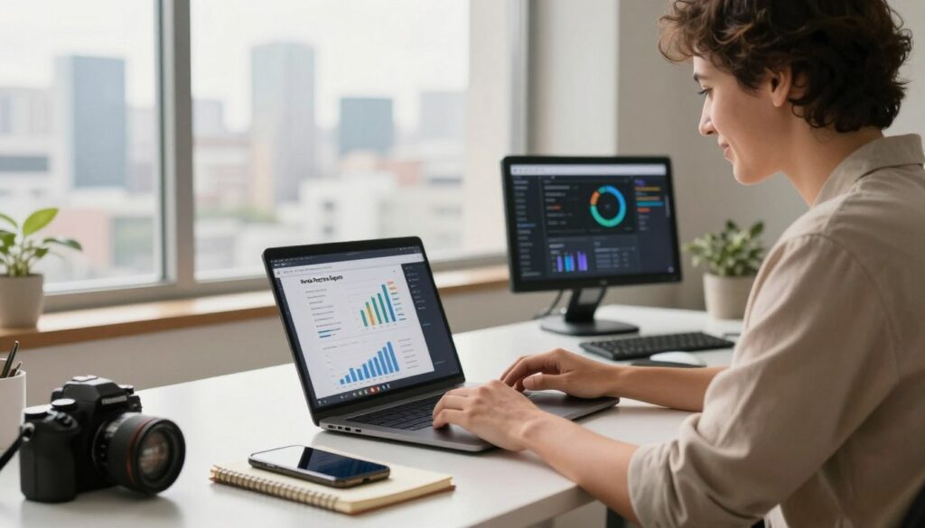 A modern workspace illustrating digital content creation for passive income. In the foreground, a professional in smart casual attire is seated at a sleek desk with a laptop, reviewing analytics and creating engaging digital content. In the middle, scattered tools of the trade include a smartphone, a notepad, and a camera, emphasizing the dual focus on digital platforms and creative exploration. In the background, a bright window reveals a city skyline, symbolizing opportunity and growth. Soft, natural lighting bathes the scene, with a focus on warm tones to evoke a sense of inspiration and motivation. Include the brand name "Renda Passiva Segura" subtly integrated into the design, ensuring a harmonious blend without distracting from the main elements. The atmosphere is optimistic and professional, perfect for encouraging new ideas in digital entrepreneurship.