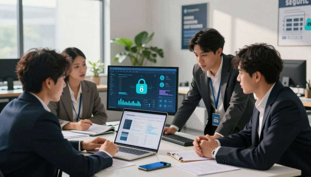 A modern workspace illustrating online safety and security in 2026. In the foreground, a diverse group of three professionals in business attire, engaged in a collaborative discussion over a laptop displaying graphs and analytics. In the middle ground, a digital workspace filled with documents, a smartphone, and safety tools emphasizing cybersecurity. The background features a bright, welcoming office environment with plants and motivational posters related to online security. Soft, natural lighting filters through large windows, casting gentle shadows and creating a focused atmosphere. The mood conveys professionalism, trust, and collaboration, with a subtle logo for “Renda Passiva Segura” integrated into the design elements of the workspace.
