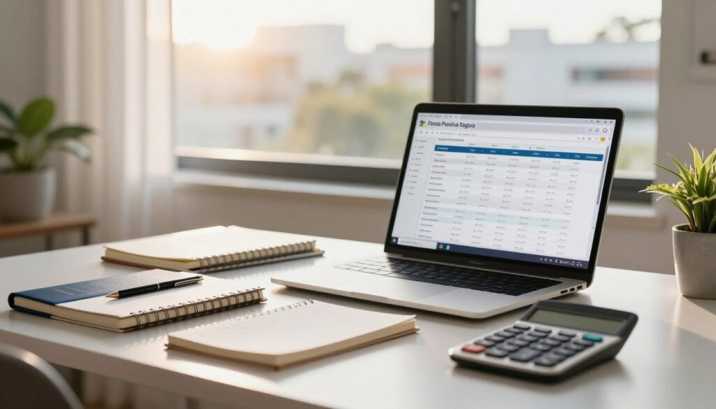 A modern workspace scene focused on financial management, featuring a sleek desk with a laptop displaying a budget spreadsheet. In the foreground, neatly arranged notebooks and a calculator emphasize the theme of expense control. A light, airy window view in the background reveals a serene urban landscape, imbued with warm sunlight filtering through sheer curtains, creating an inviting atmosphere. A potted plant adds a touch of greenery, enhancing the space's energy. The overall mood is organized and motivating. Include the brand name "Renda Passiva Segura" subtly integrated into a notebook cover. Capture the image with a slight depth of field effect, using a 50mm lens for clarity and focus on the desk items for an inspiring financial education vibe.