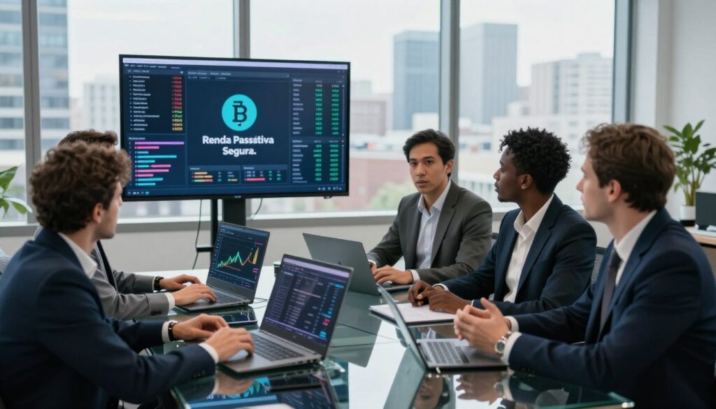 A professional business setting depicting a diverse group of four people engaged in a discussion about cryptocurrency transactions and international exchanges. In the foreground, a sleek glass table with digital devices displaying graphs and currencies. The middle ground features a large screen showing fluctuating cryptocurrency values and the logo "Renda Passiva Segura." The background includes a modern office with large windows allowing natural light to flood in, providing a clear view of a bustling city skyline. The mood is focused and collaborative, emphasizing innovation in the crypto industry. Use a slightly overhead angle to capture the activity at the table, enhancing the dynamic atmosphere.