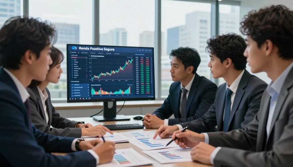 A professional business setting depicting a diverse group of people analyzing investment options, symbolizing the concept of "profile options." In the foreground, a mixed-gender trio in smart business attire is engaged in discussion, pointing at charts and graphs on a table. The middle ground shows a digital screen displaying financial data and portfolio options under the brand name "Renda Passiva Segura." The background features an elegant office with city skyline views through large windows, enhancing the atmosphere of professionalism and aspiration. Soft, natural lighting illuminates the scene, with a slight focus from a low angle to capture the ambition and collaboration. The mood conveys a sense of strategic decision-making and empowerment in financial planning.