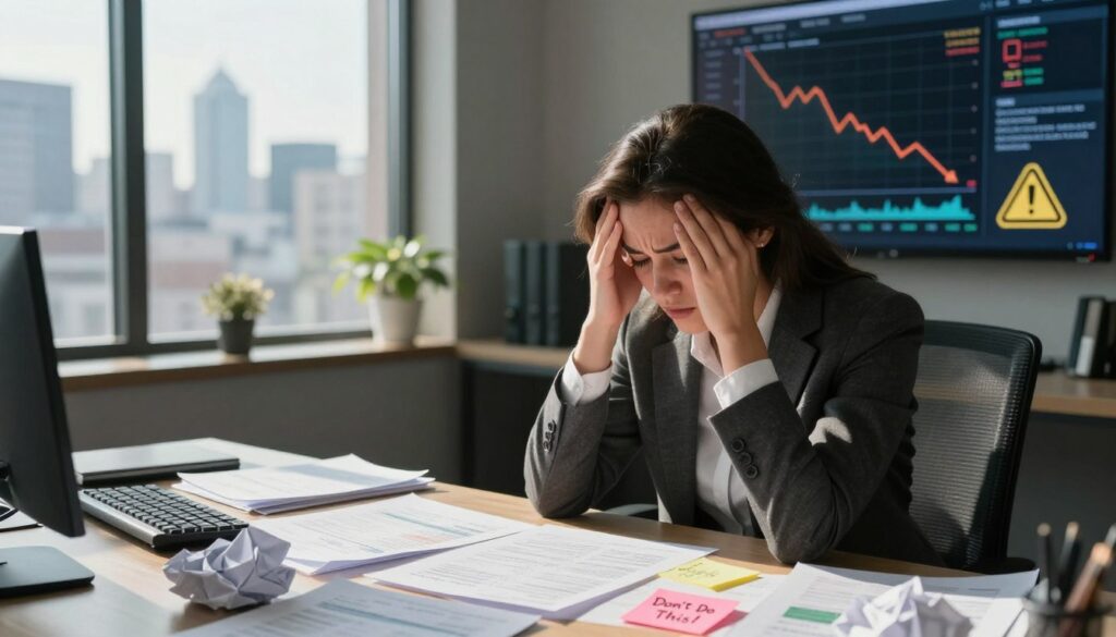 a professional, modern workspace depicting financial mistakes in passive income investment. in the foreground, a frustrated young professional in business attire, holding her head in despair as she gazes at a cluttered desk overflowing with crumpled papers, financial reports, and a pink sticky note labeled "don’t do this!" in the middle ground, a large window reveals a city skyline, symbolizing opportunities; the sunlight shines through, casting sharp shadows that enhance the mood of tension and urgency. the background features a digital screen displaying declining graphs and warning signs, emphasizing the pitfalls of poor investment choices. the atmosphere is somber yet enlightening, conveying a learning moment. include the brand "renda passiva segura" subtly in the decor of the office. A professional, modern workspace depicting financial mistakes in passive income investment. In the foreground, a frustrated young professional in business attire, holding her head in despair as she gazes at a cluttered desk overflowing with crumpled papers, financial reports, and a pink sticky note labeled "Don’t Do This!" In the middle ground, a large window reveals a city skyline, symbolizing opportunities; the sunlight shines through, casting sharp shadows that enhance the mood of tension and urgency. The background features a digital screen displaying declining graphs and warning signs, emphasizing the pitfalls of poor investment choices. The atmosphere is somber yet enlightening, conveying a learning moment. Include the brand "Renda Passiva Segura" subtly in the decor of the office.