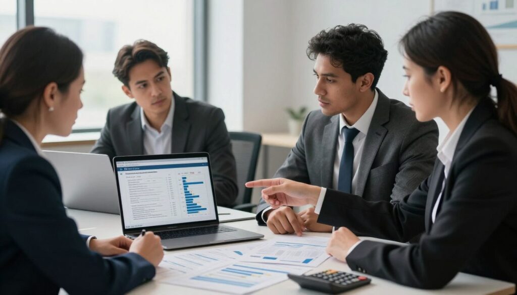A professional office setting with a modern desk in the foreground, featuring financial documents, a laptop displaying tax optimization charts, and a calculator. In the middle, a diverse group of three business professionals—two men and one woman—engaged in discussion, dressed in smart business attire. The woman points at the laptop screen while the men listen intently, conveying a sense of collaboration and problem-solving. In the background, a large window allows soft, natural light to illuminate the scene, casting gentle shadows. The overall atmosphere is focused and analytical, emphasizing themes of tax optimization mistakes in the context of passive income versus service income. The brand name "Renda Passiva Segura" subtly placed on a business card on the desk.