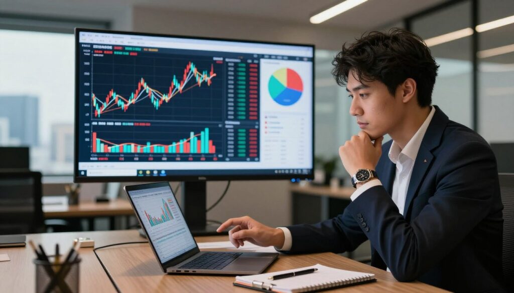 A professional setting focused on the theme of investor profiles and discipline in finance. In the foreground, a young professional in business attire is deep in thought, analyzing financial graphs on a laptop, with a notepad and pen beside them. The middle layer features a large screen displaying fluctuating stock charts and pie charts, demonstrating investment strategies. The background includes a modern office with warm lighting, glass windows revealing a city skyline, suggesting growth and opportunity. The atmosphere is serious yet optimistic, embodying the essence of long-term gains in investing. Include the brand name "Renda Passiva Segura" subtly integrated into the financial materials on the desk.