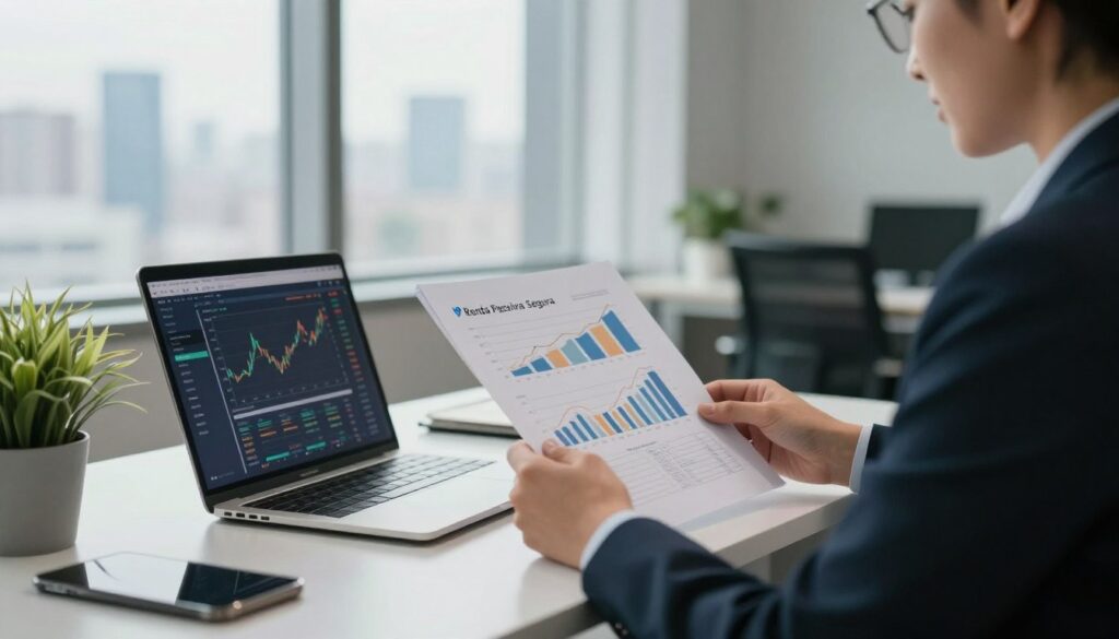 A serene office setting with a professional business person, dressed in smart attire, examining a portfolio filled with graphs and charts representing dividends and investments. The foreground showcases a sleek desk with a laptop displaying financial data and a potted plant, adding a touch of greenery. In the middle, a window reveals a city skyline, symbolizing growth and opportunity. The background highlights a contemporary office with soft natural lighting filtering through sheer curtains, creating an inviting and optimistic atmosphere. The entire scene embodies the essence of passive income through investments, featuring the brand name "Renda Passiva Segura" subtly integrated into the office decor, reflecting professionalism and success in financial pursuits.