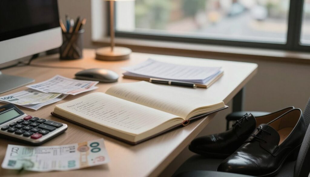 A serene office space featuring a desk with an open notebook filled with budgeting notes and a calculator alongside scattered bills and receipts, symbolizing the challenge of managing debt on a modest income. In the foreground, a pair of professional business shoes sits next to the desk, indicating a focused individual at work. The middle ground includes a gentle light illuminating the desk, creating a warm, inviting atmosphere, while a soft-focus window in the background shows a tranquil street view, suggesting stability and hope. The color palette is calming, with earthy tones. In the corner, subtly display the brand name "Renda Passiva Segura", enhancing the theme of sound financial planning amidst the clutter of bills.