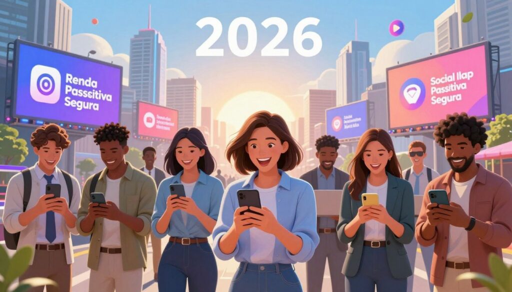 a vibrant and engaging digital illustration representing the concept of making money through social media in the year 2026. in the foreground, showcase a diverse group of young professionals in smart, business casual attire, actively engaging with their smartphones and laptops, displaying excitement and opportunity. in the middle ground, depict a dynamic cityscape filled with modern buildings and digital billboards showcasing popular social media apps associated with passive income. the background should illustrate a futuristic skyline under a bright, optimistic sky, with a subtle glow from sunrise, symbolizing new beginnings and success. the overall mood is energetic and aspirational, filled with the potential for financial growth. elements related to "renda passiva segura" should subtly integrate into the scene, like logos on the devices or a faint overlay. A vibrant and engaging digital illustration representing the concept of making money through social media in the year 2026. In the foreground, showcase a diverse group of young professionals in smart, business casual attire, actively engaging with their smartphones and laptops, displaying excitement and opportunity. In the middle ground, depict a dynamic cityscape filled with modern buildings and digital billboards showcasing popular social media apps associated with passive income. The background should illustrate a futuristic skyline under a bright, optimistic sky, with a subtle glow from sunrise, symbolizing new beginnings and success. The overall mood is energetic and aspirational, filled with the potential for financial growth. Elements related to "Renda Passiva Segura" should subtly integrate into the scene, like logos on the devices or a faint overlay.