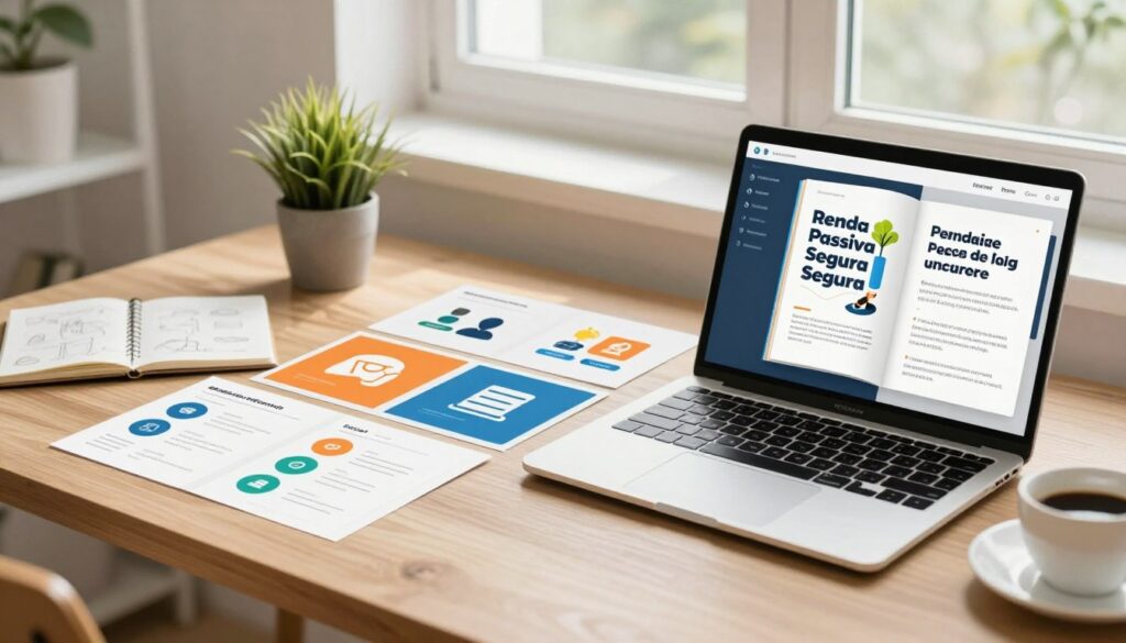 A visually appealing workspace showcasing a collection of digital products symbolizing passive income generation. In the foreground, a modern laptop displays an open eBook with an illustrated cover titled "Renda Passiva Segura." Beside it, neatly arranged are colorful course icons and templates spread out, emphasizing their scalability. The middle ground features a wooden desk with a small potted plant, a notepad with sketches, and a coffee cup, creating an inviting atmosphere. In the background, a bright window allows sunlight to stream in, casting soft natural light over the scene, enhancing the professional yet creative vibe. The overall mood is optimistic and focused, perfect for inspiring readers.